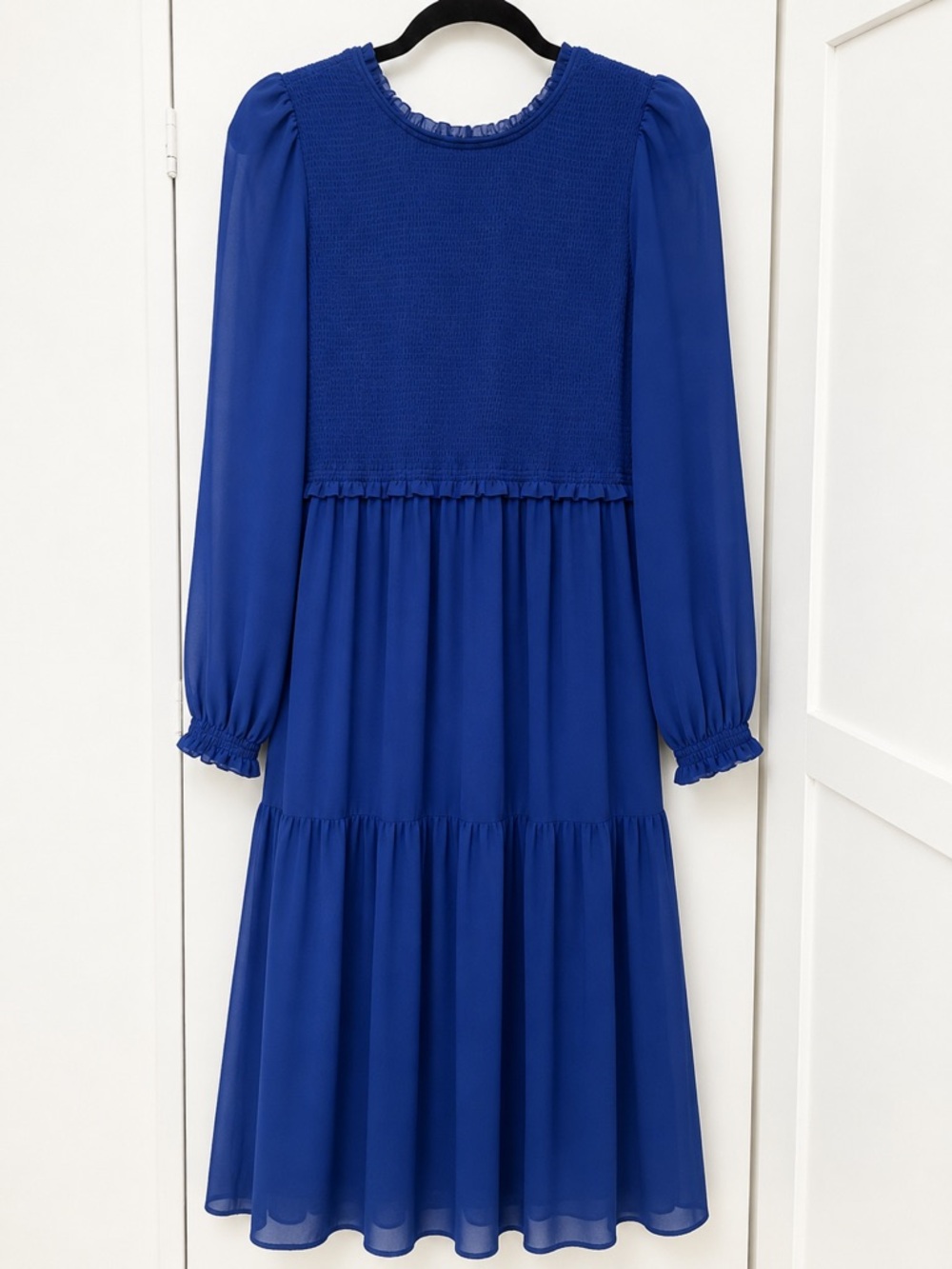 Wilfred Royal Blue Smocked Bodice Tiered Chiffon Dress